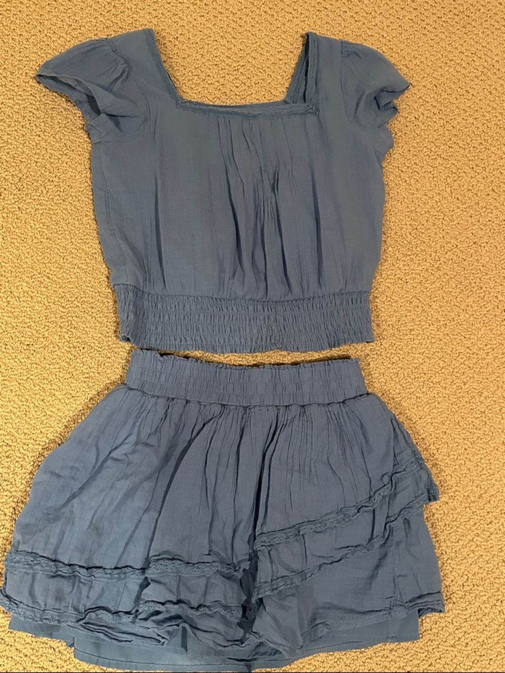 Blue Two-Piece Ruffled Crop Top and Skirt Set